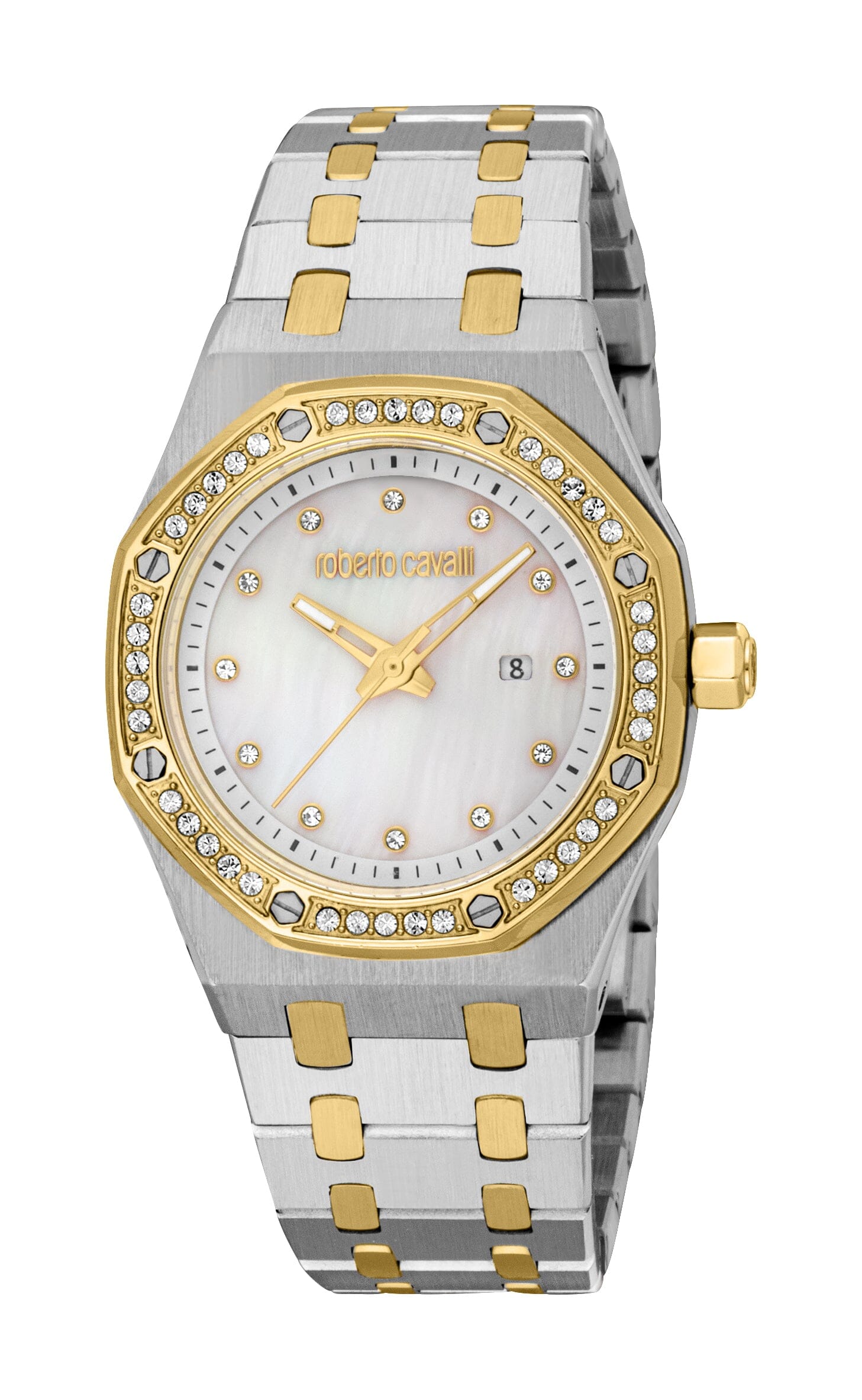 RC5L159M0075 Roberto Cavalli Women Watch, White Mop Dial, Two Tone Silver & Gold Color Metal Bracelet Roberto Cavalli 