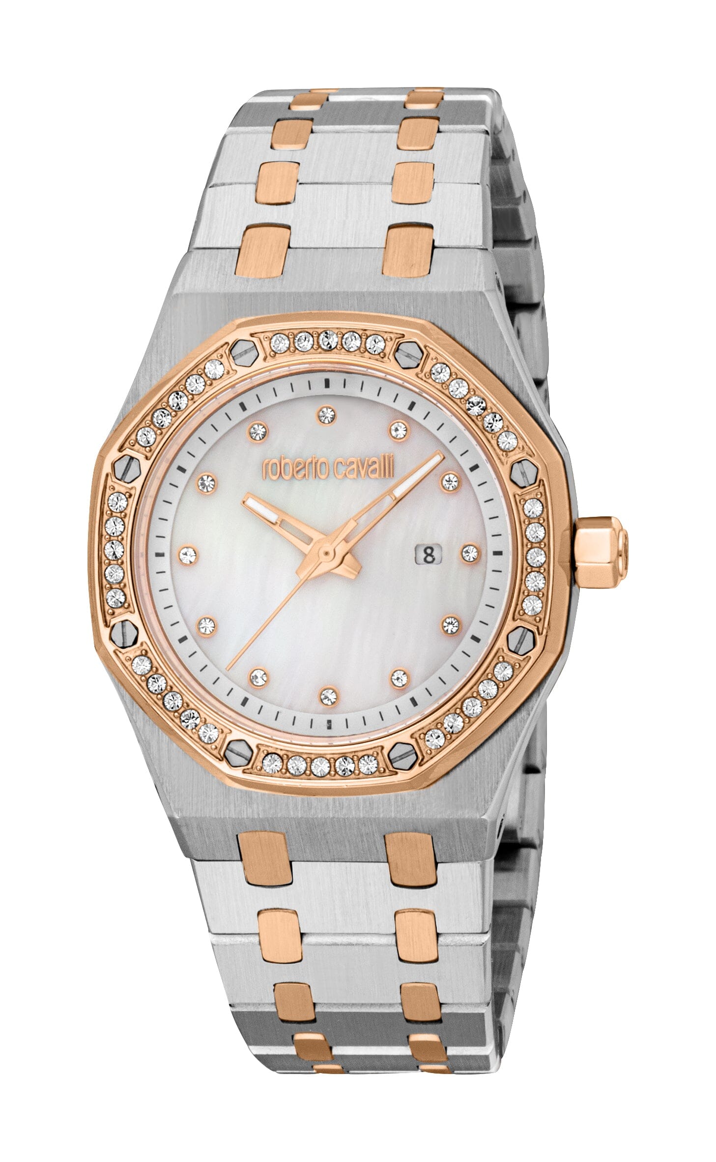 RC5L159M0095 Roberto Cavalli Women Watch, White Mop Dial, Two Tone Silver & Rose Gold Color Metal Bracelet Roberto Cavalli 