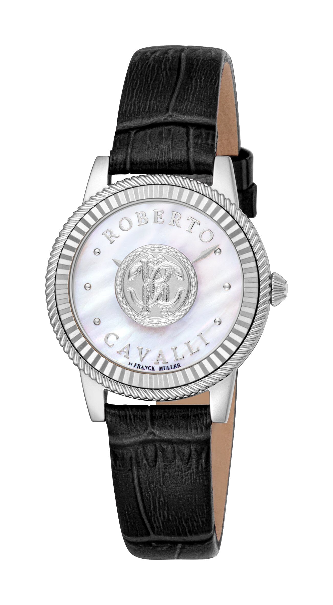 Women's Roberto Cavalli by Franck Muller Black Leather Strap Silver Quartz Watch Roberto Cavalli by Franck Muller 