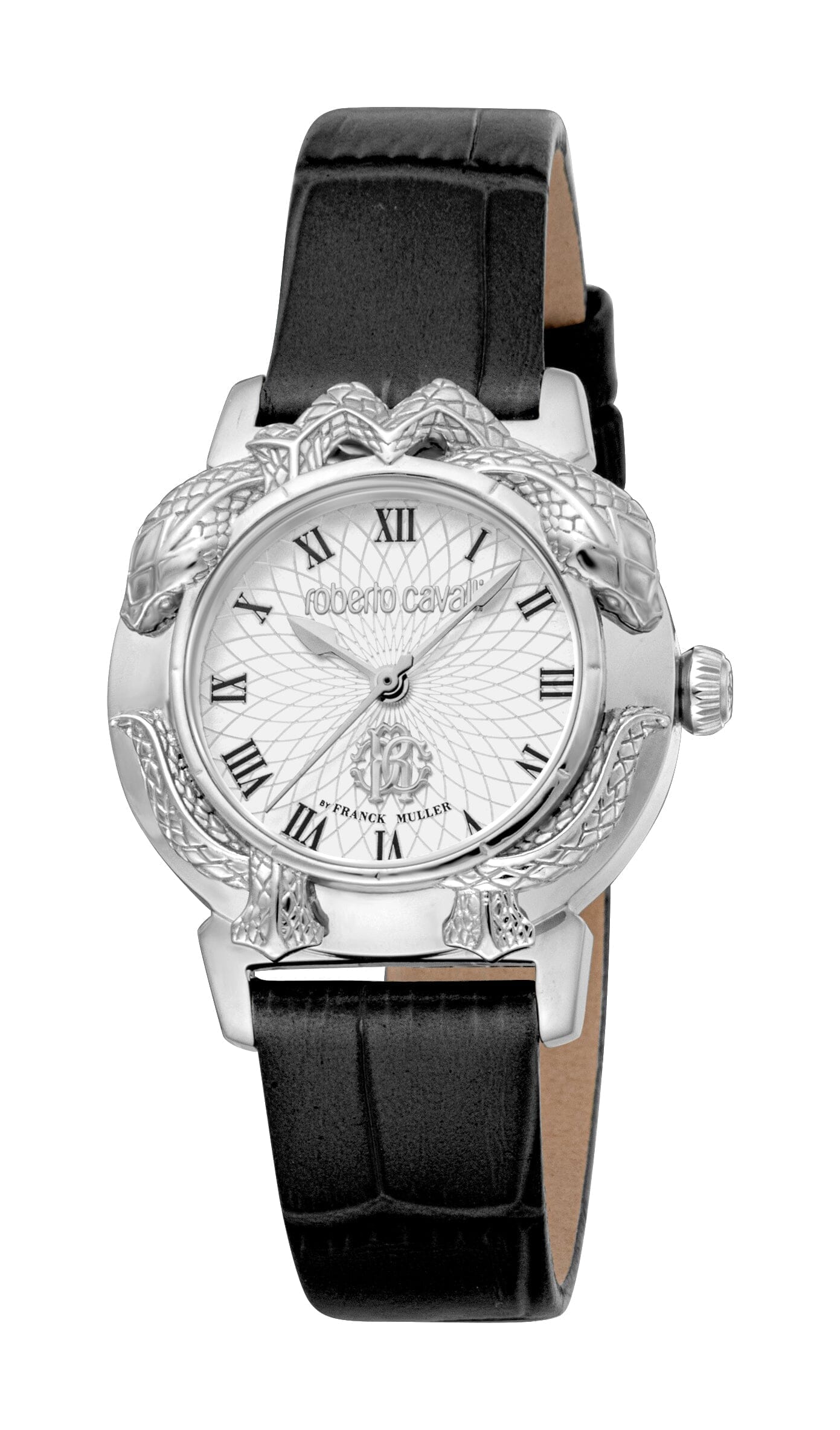 Women's Roberto Cavalli by Franck Muller Silver Quartz Black Leather Strap Watch Roberto Cavalli by Franck Muller 