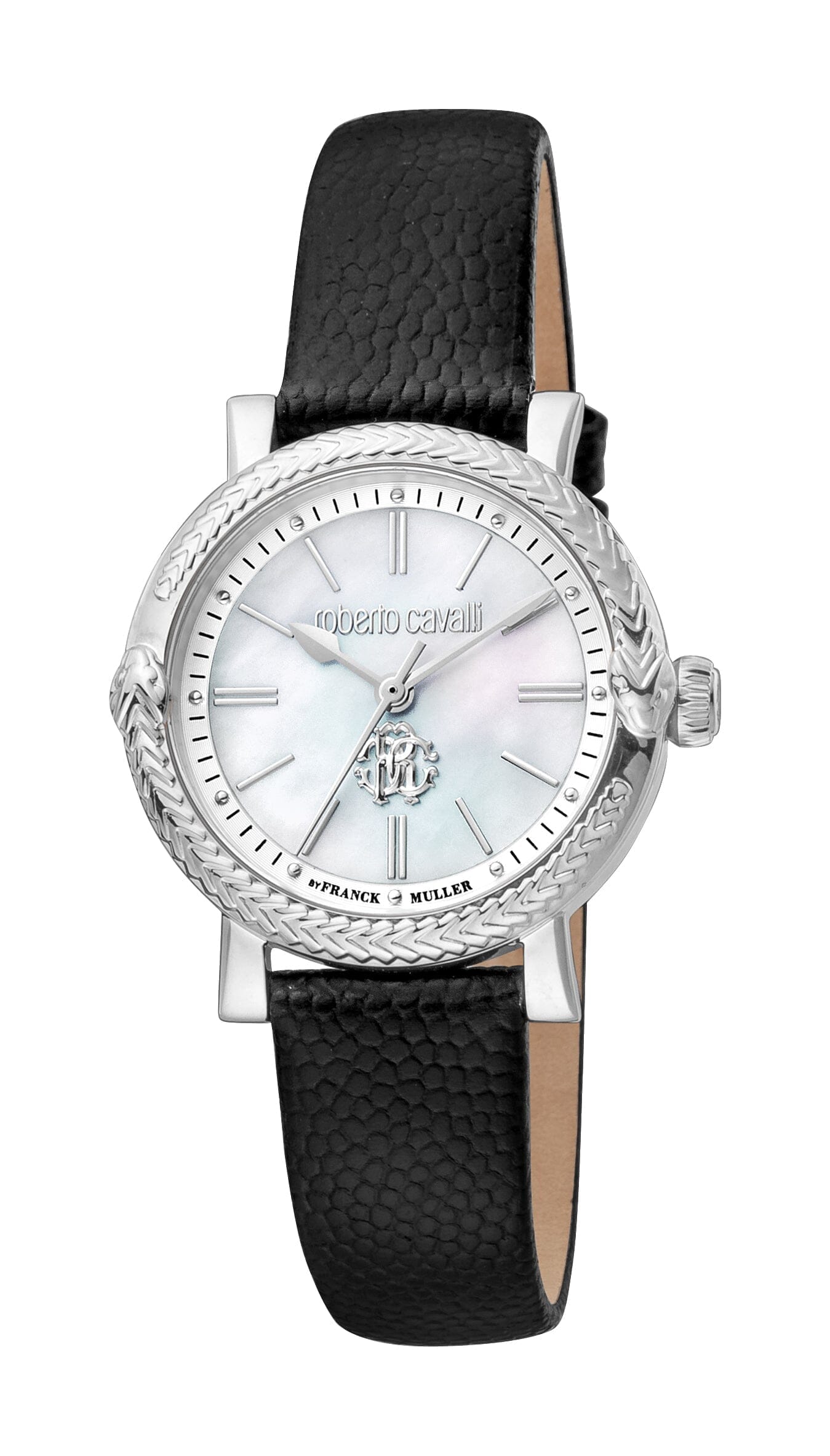 Women's Roberto Cavalli by Franck Muller White MOP Silver Quartz Black Watch Roberto Cavalli by Franck Muller 
