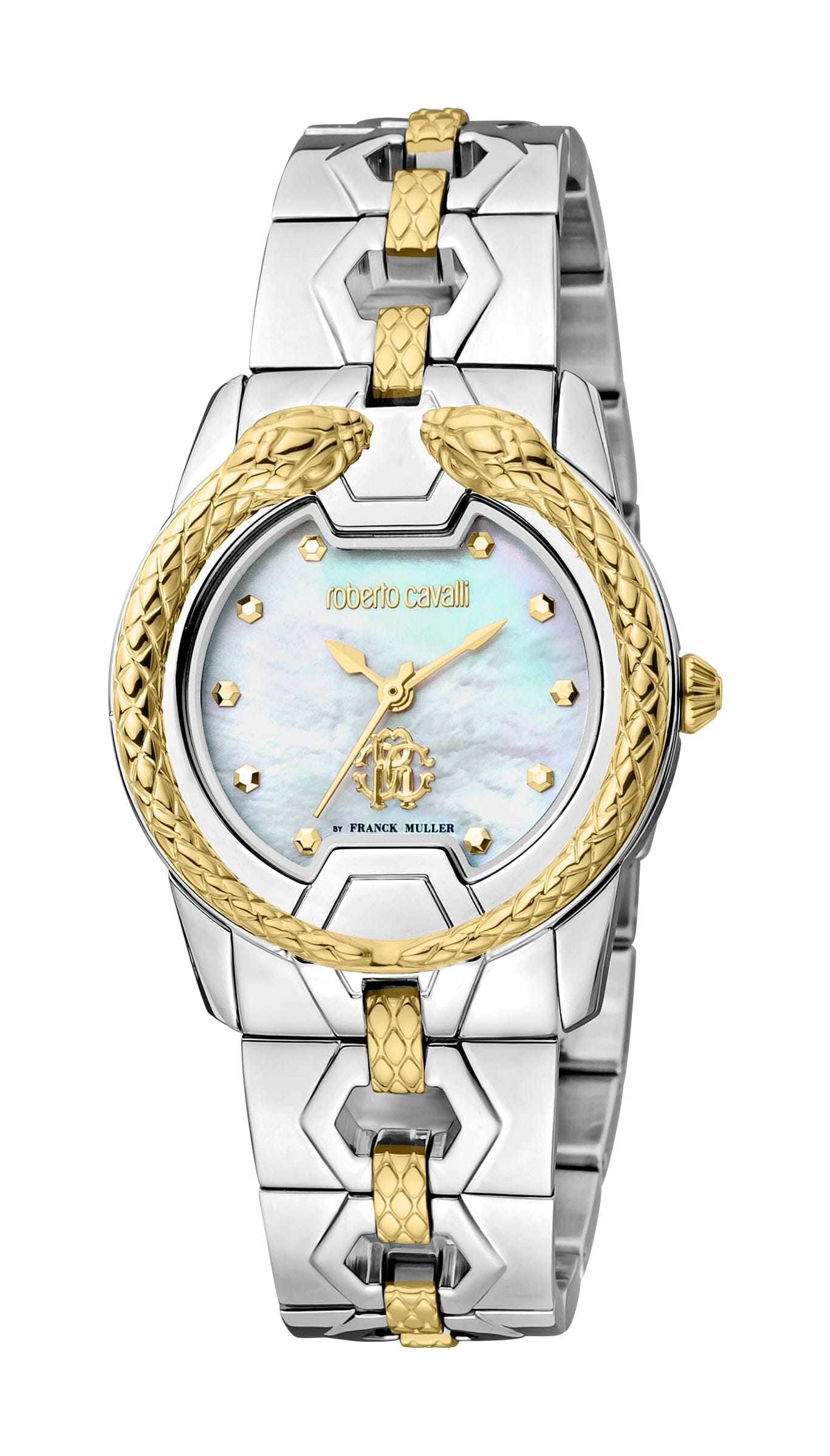 Women's Roberto Cavalli by Franck Muller White MOP Two Tone Silver & Gold Quartz Watch Roberto Cavalli by Franck Muller 