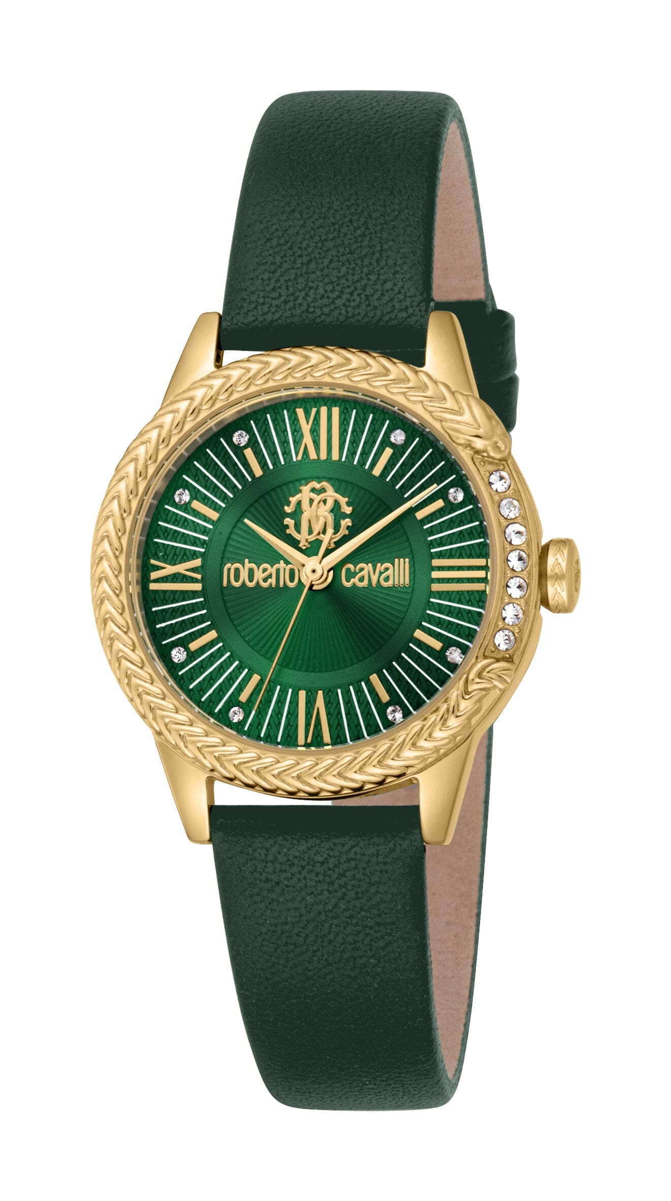 Women's Roberto Cavalli Core Gold Quartz Dark Green Leather Strap Watch Roberto Cavalli 