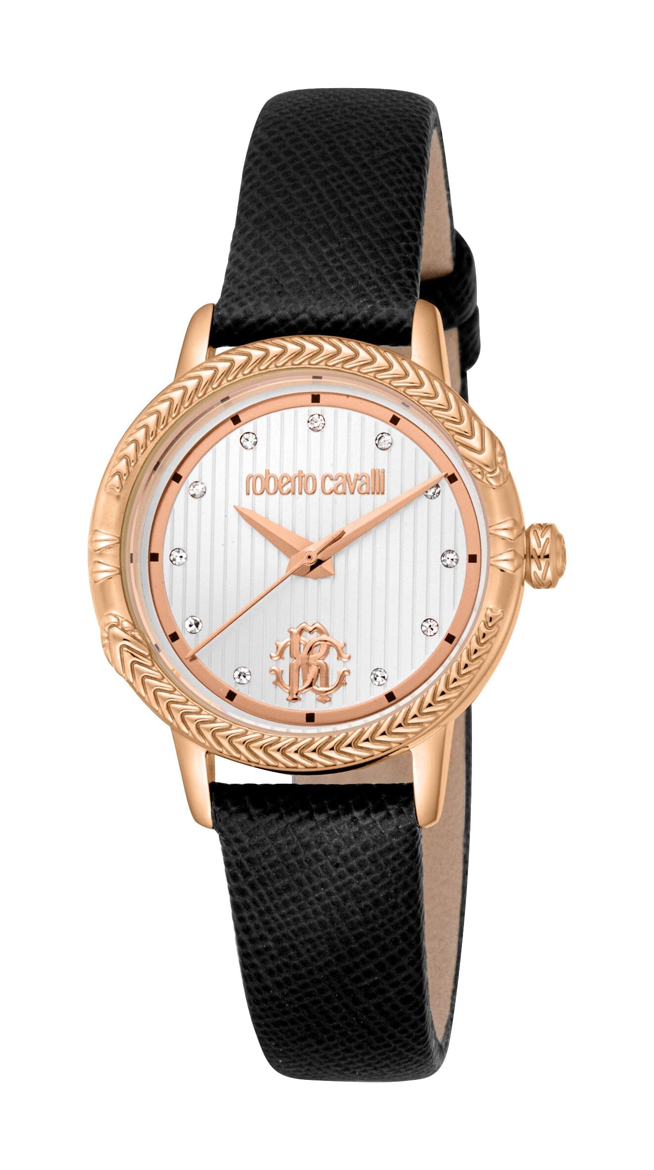 Women's Roberto Cavalli Core Rose Gold Quartz Black Leather Strap Watch Roberto Cavalli 