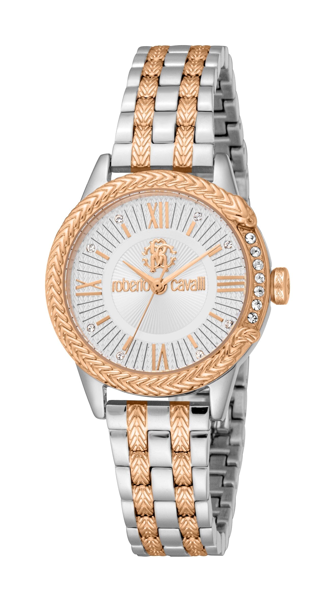 Women's Roberto Cavalli Core Two Tone Silver & Rose Gold with Stones Quartz Watch Roberto Cavalli 