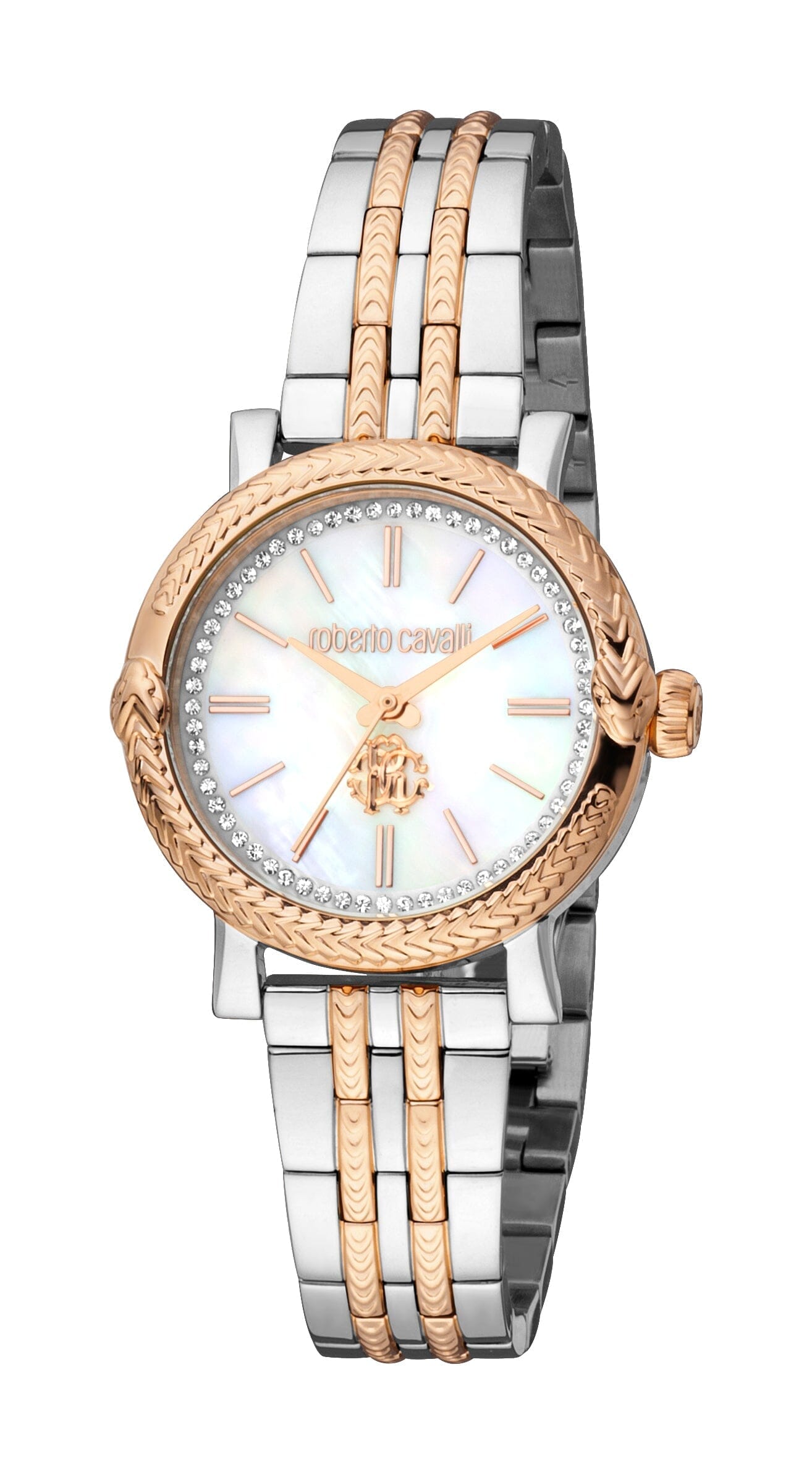 Women's Roberto Cavalli Core White MOP Two Tone Silver & Rose Gold Quartz Watch Roberto Cavalli 