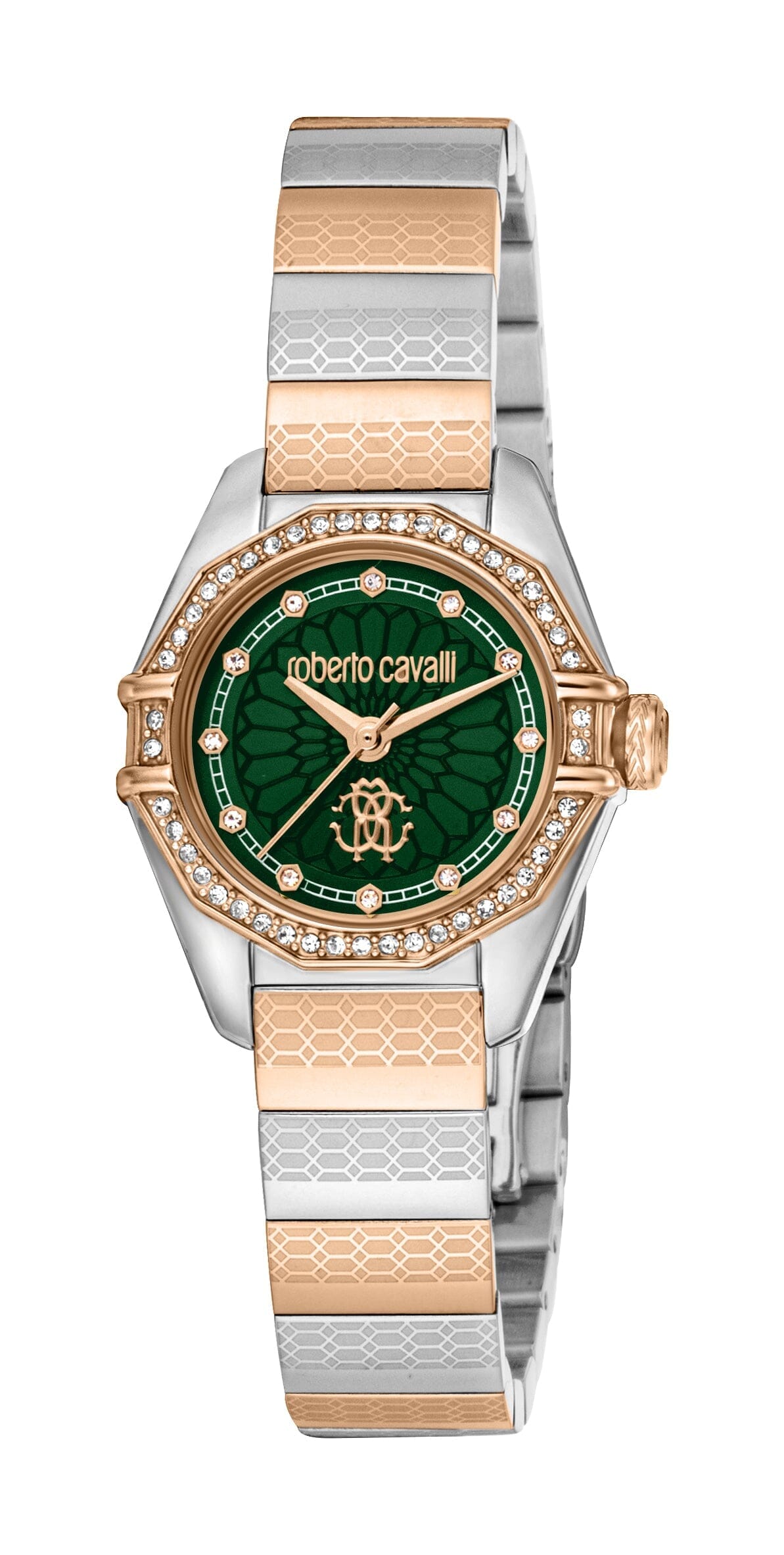 Women's Roberto Cavalli Dark Green Dial Two Tone Silver & Rose Gold Quartz Watch Roberto Cavalli 