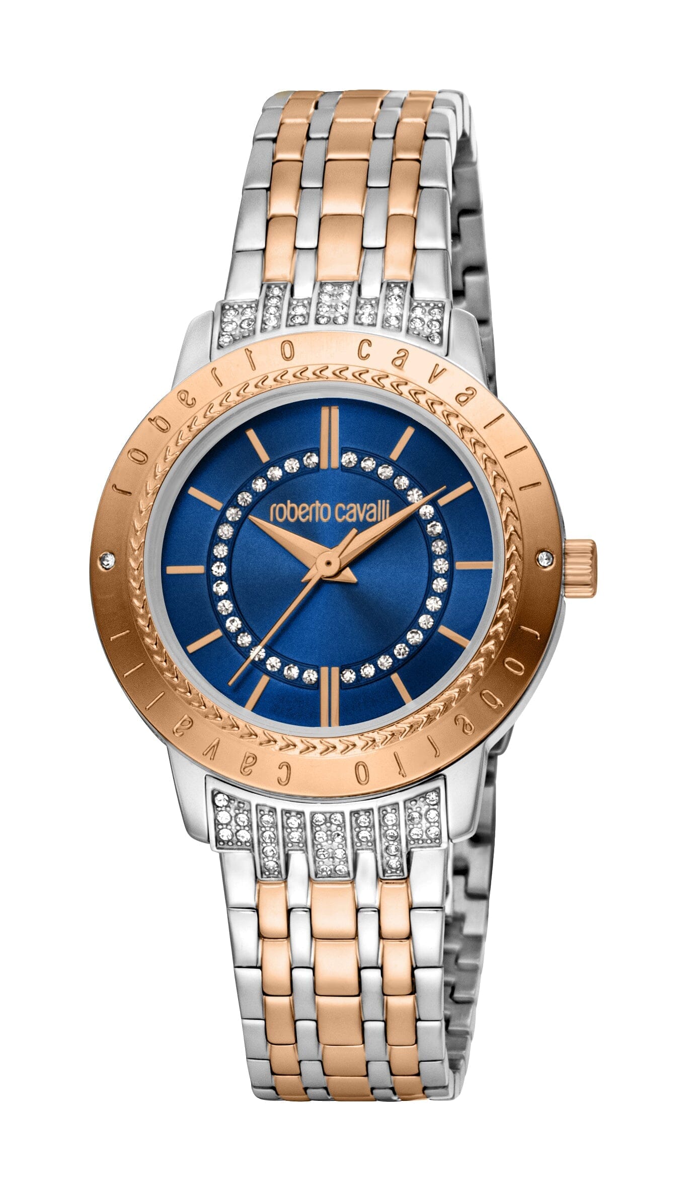 Women's Roberto Cavalli Glam Dark Blue Dial Two Tone Silver & Rose Gold Quartz Watch Roberto Cavalli 