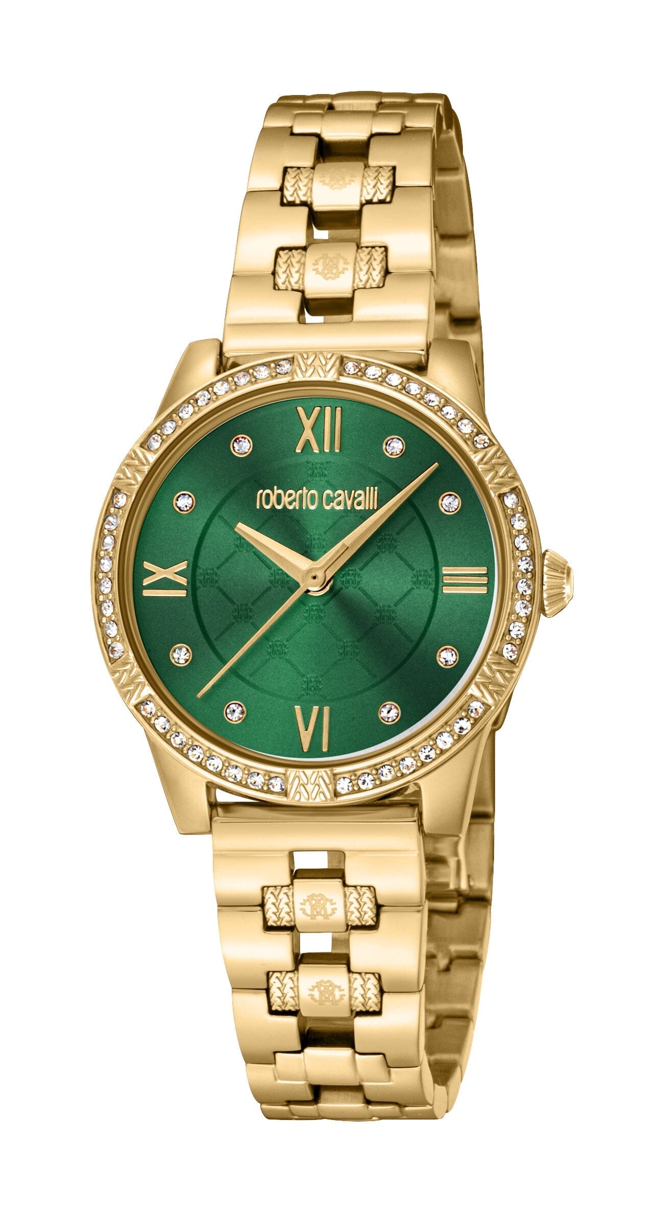 Women's Roberto Cavalli Glam Dark Green Dial Gold with Stones Quartz Watch Roberto Cavalli 