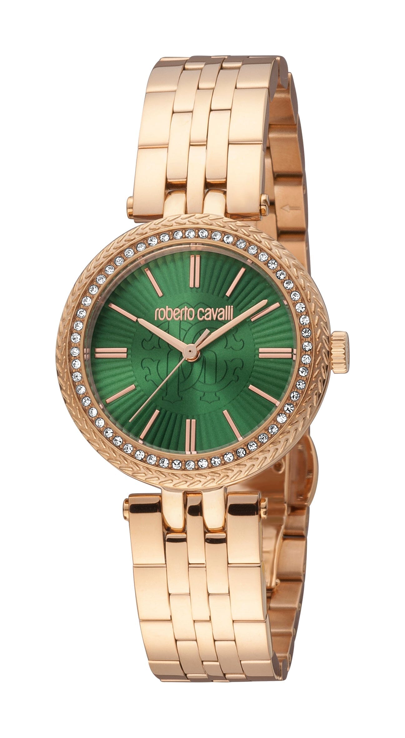 Women's Roberto Cavalli Glam Dark Green Dial Rose Gold with Stones Quartz Watch Roberto Cavalli 