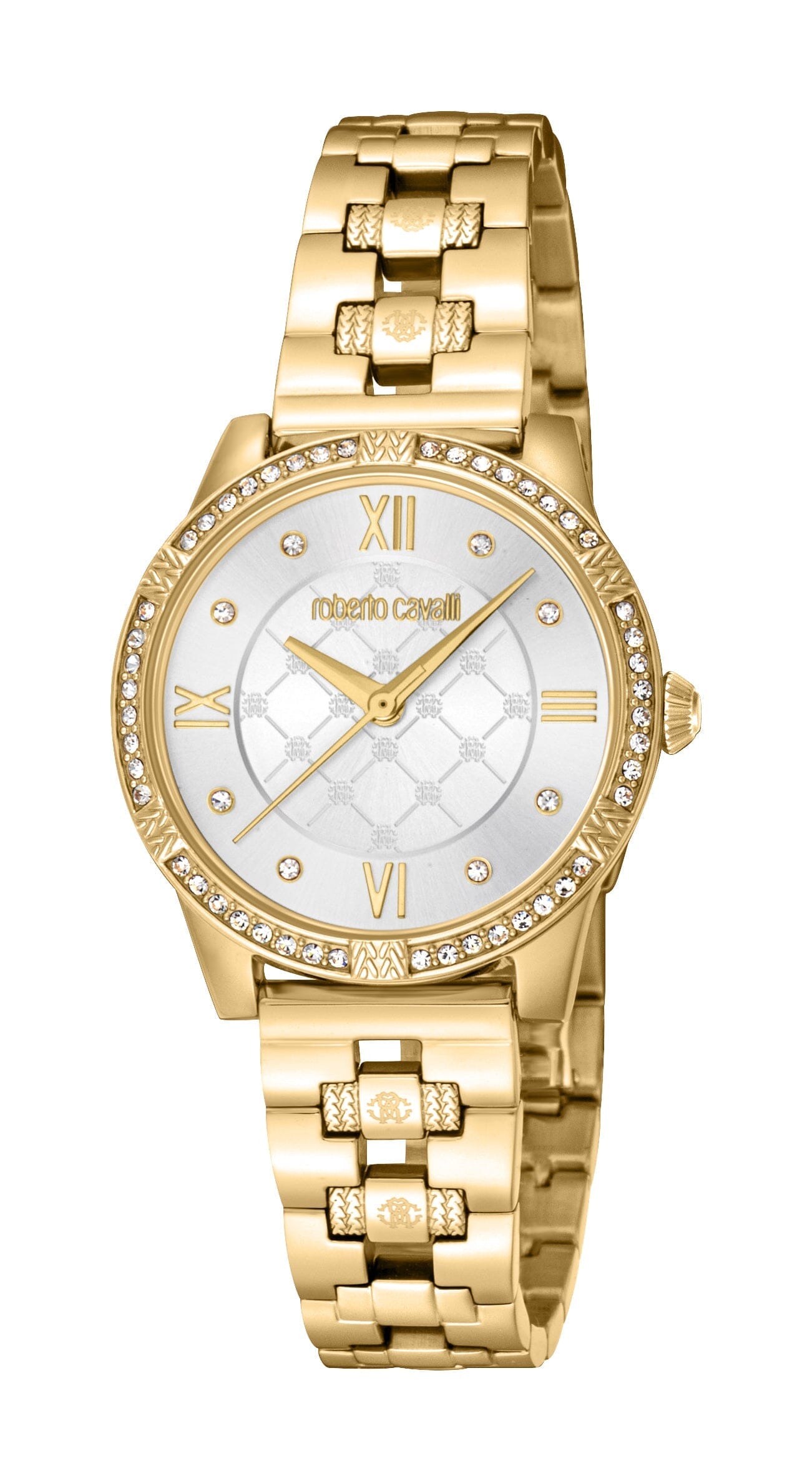 Women's Roberto Cavalli Glam Silver Dial Gold with Stones Quartz Watch Roberto Cavalli 