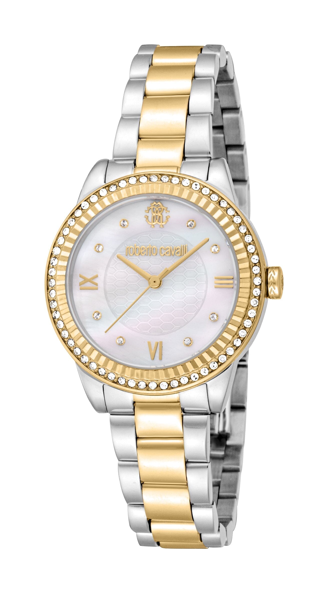 Women's Roberto Cavalli Glam Two Tone Silver & Gold Quartz White MOP Watch Roberto Cavalli 
