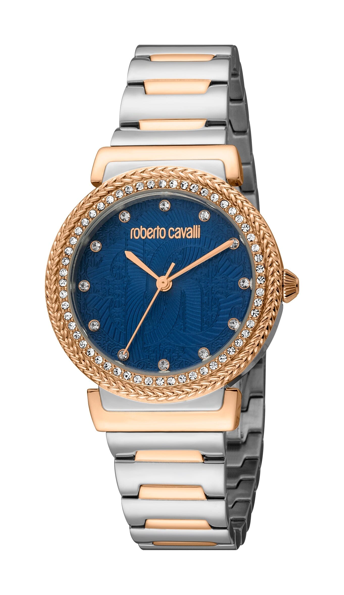 Women's Roberto Cavalli Glam Two Tone Silver & Rose Gold Quartz Dark Blue Dial Watch Roberto Cavalli 