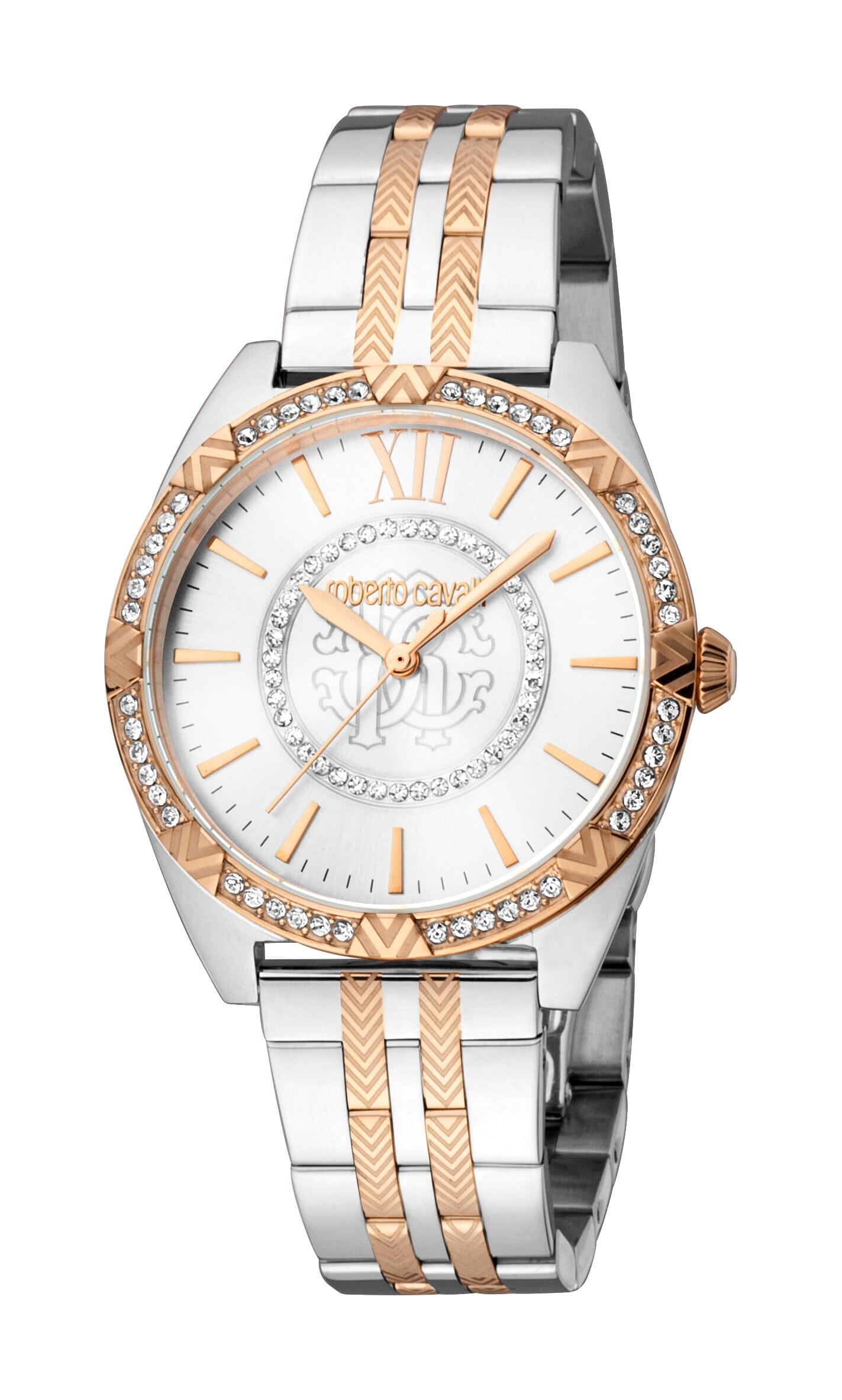 Women's Roberto Cavalli Glam Two Tone Silver & Rose Gold Quartz Silver Dial Watch Roberto Cavalli 