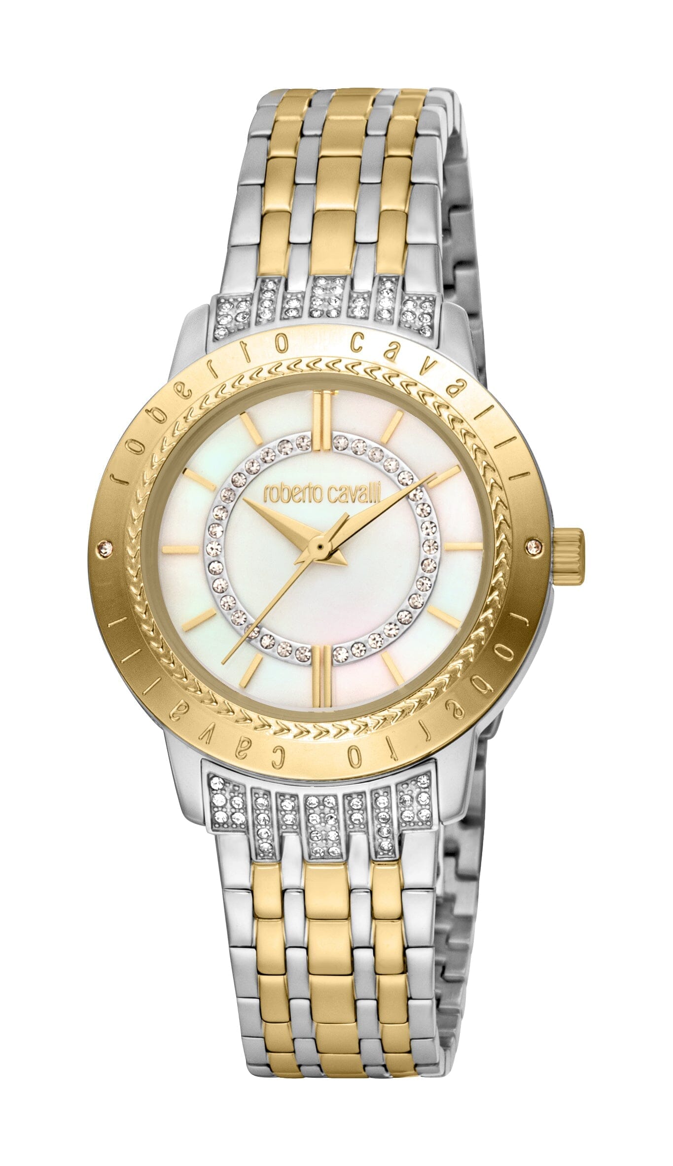 Women's Roberto Cavalli Glam White MOP Stainless Steel Two Tone Silver & Gold Quartz Watch Roberto Cavalli 