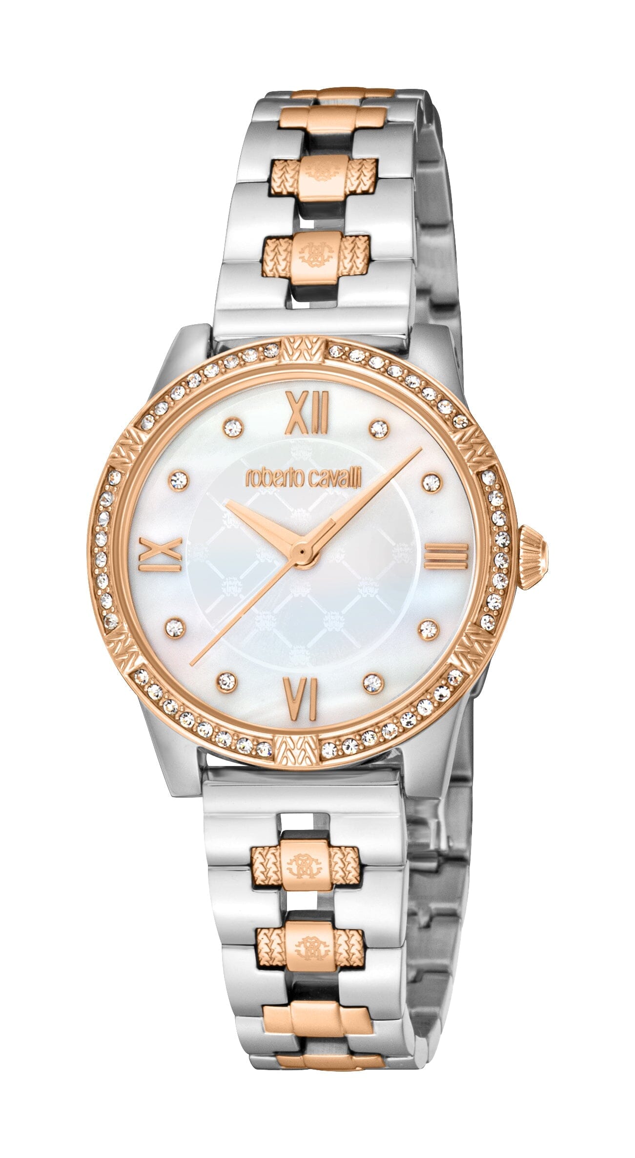 Women's Roberto Cavalli Glam White MOP Two Tone Silver & Rose Gold Quartz Watch Roberto Cavalli 