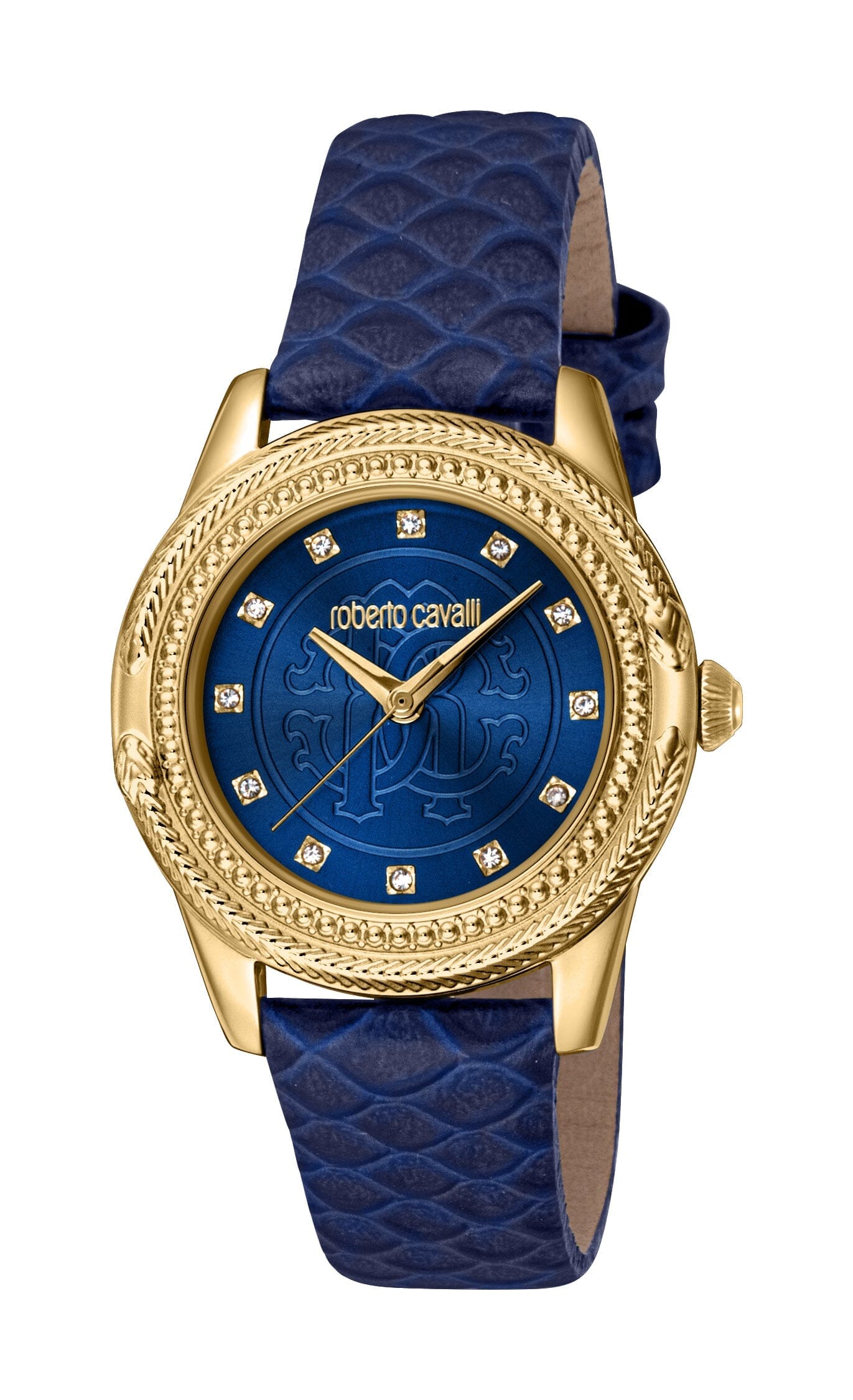 Women's Roberto Cavalli Gold Quartz Dark Blue Leather Strap Watch Roberto Cavalli 