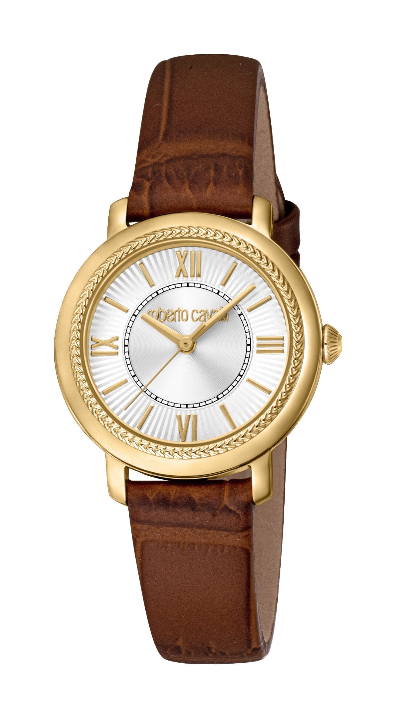 Women's Roberto Cavalli Gold Quartz Dark Brown Leather Strap Watch Roberto Cavalli 
