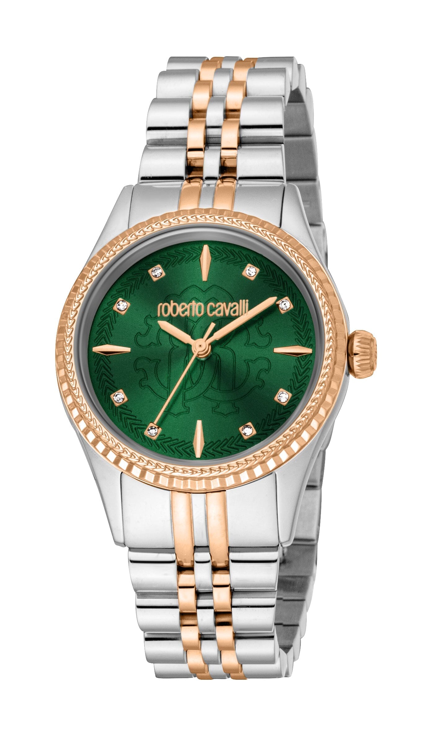 Women's Roberto Cavalli Logo Dark Green Dial Two Tone Silver & Rose Gold Quartz Watch Roberto Cavalli 
