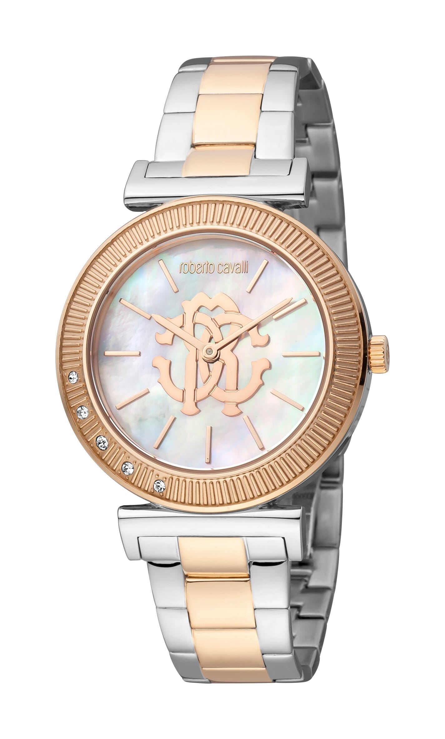 Women's Roberto Cavalli Logo Two Tone Silver & Rose Gold Quartz Watch Roberto Cavalli 