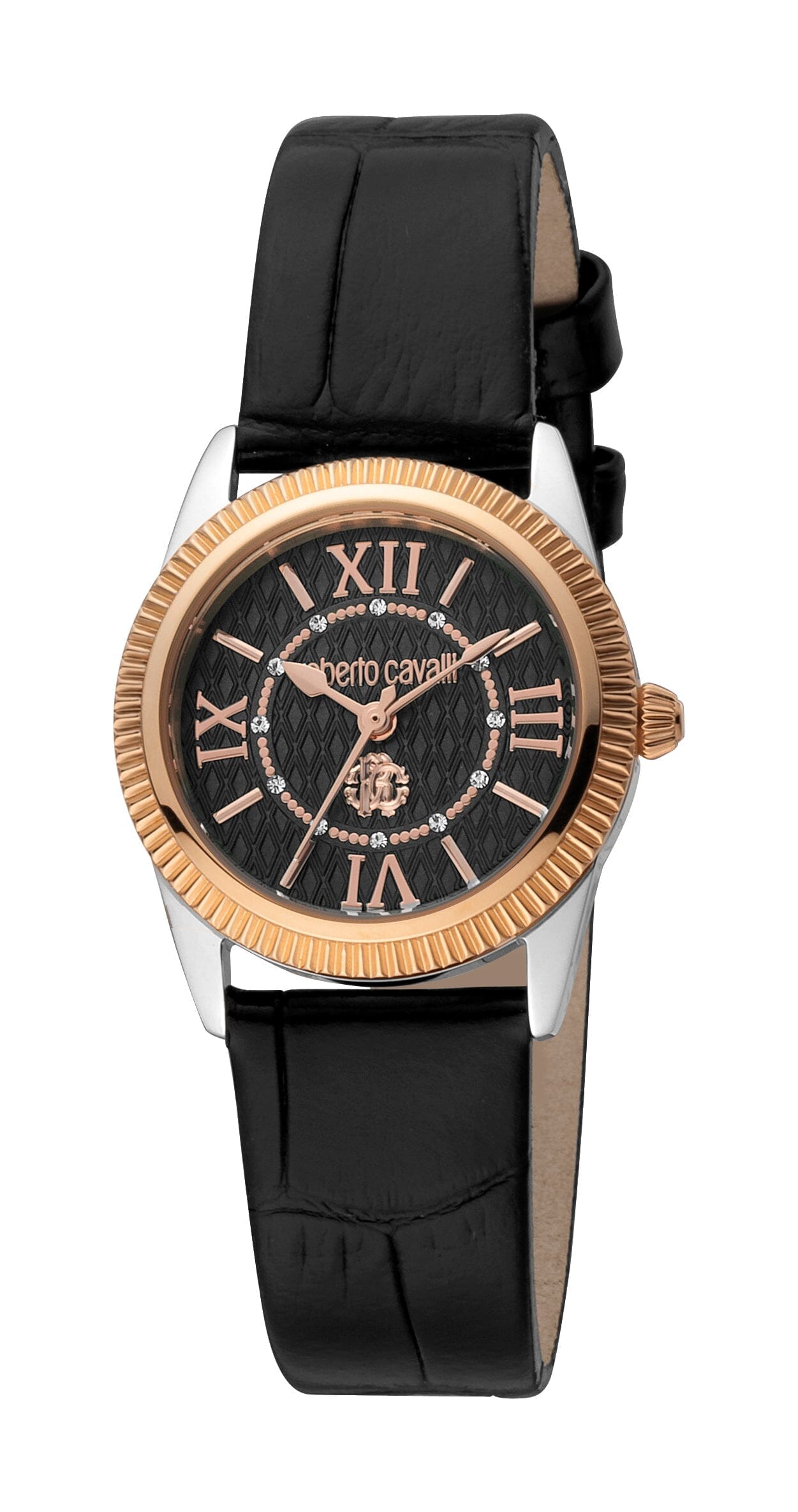 Women's Roberto Cavalli Mini Black Dial Two Tone Silver & Rose Gold Quartz Watch Roberto Cavalli 