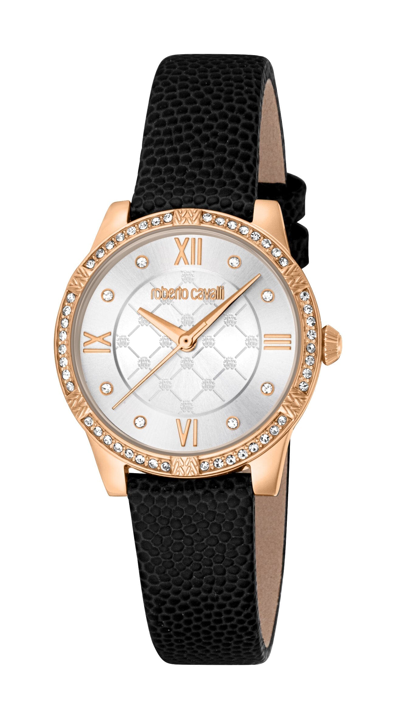 Women's Roberto Cavalli Rose Gold Quartz Black Leather Strap Watch Roberto Cavalli 