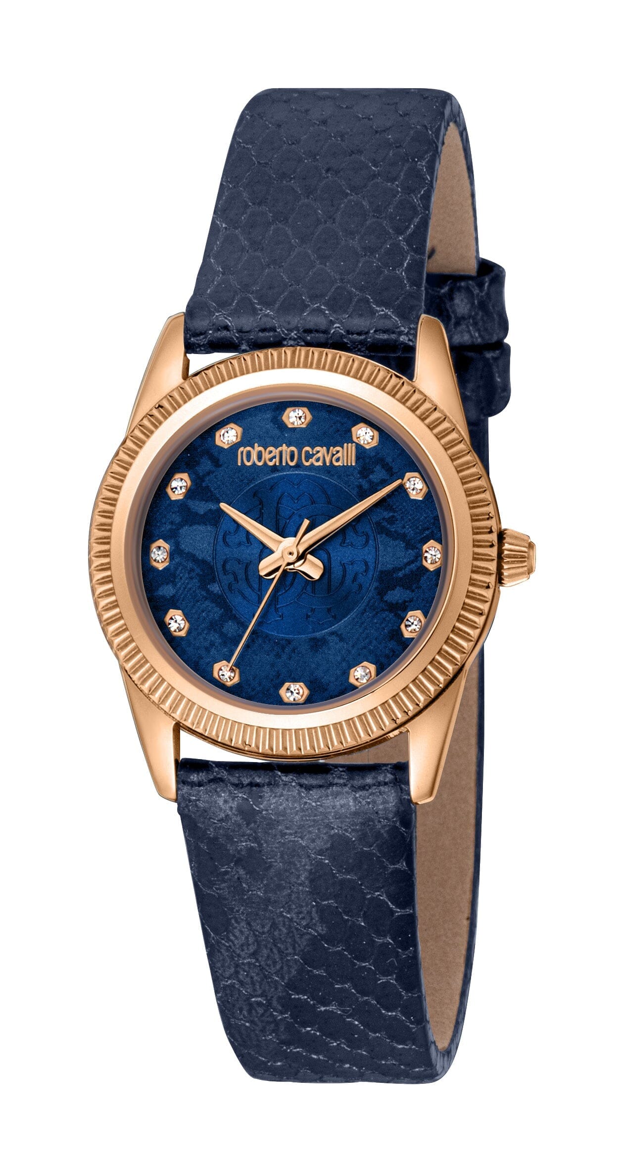 Women's Roberto Cavalli Rose Gold Quartz Dark Blue Leather Strap Watch Roberto Cavalli 