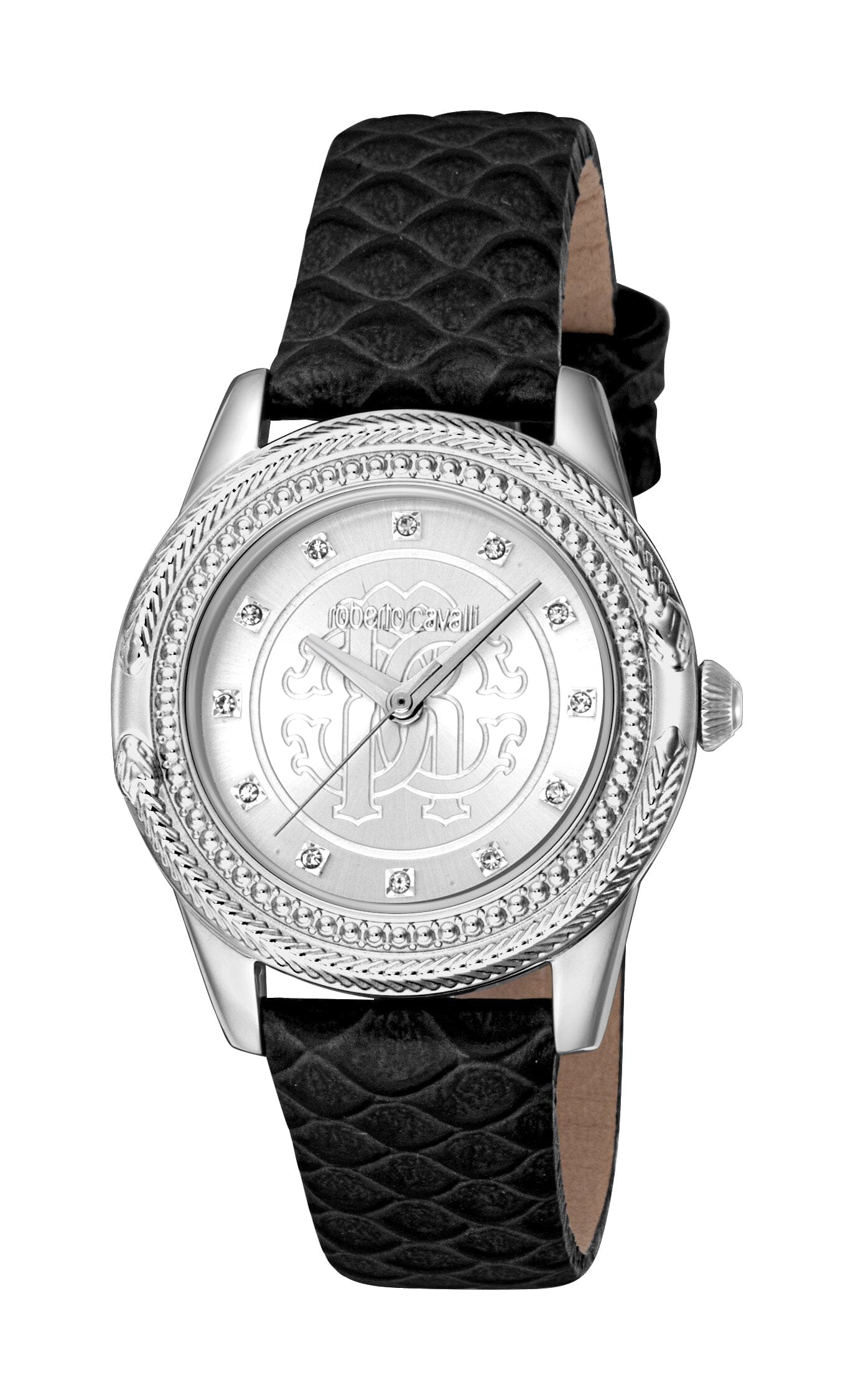 Women's Roberto Cavalli Silver Quartz Black Leather Strap Watch Roberto Cavalli 