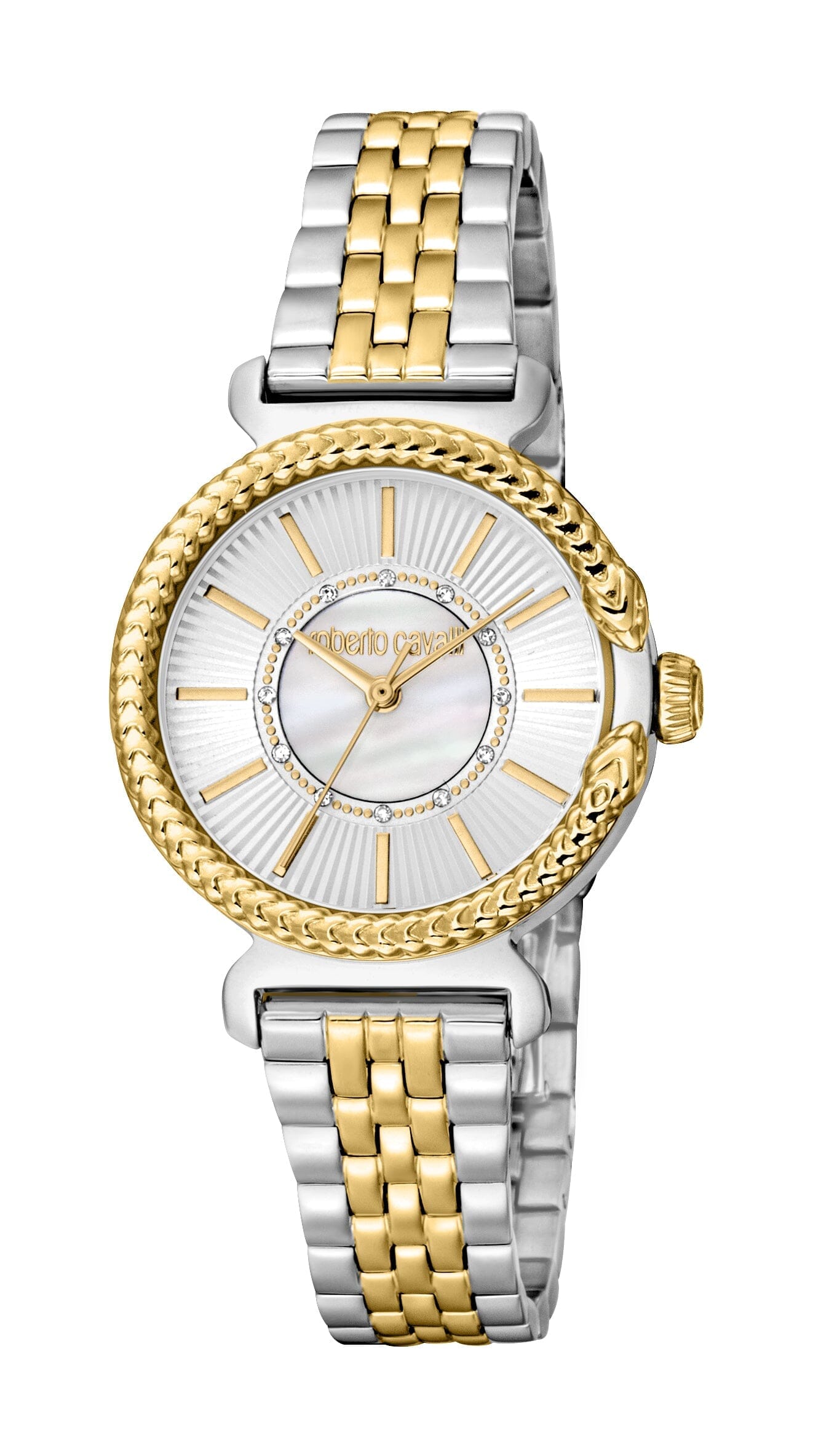 Women's Roberto Cavalli Snake Core Silver & White MOP Two Tone Silver & Gold Quartz Watch Roberto Cavalli 