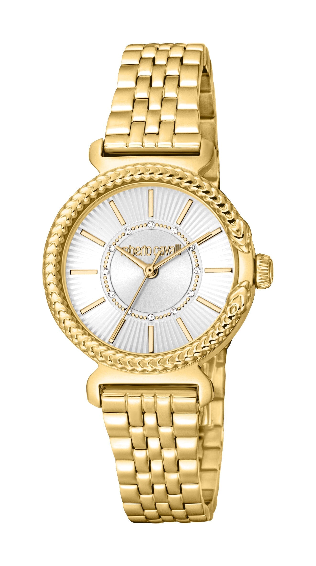Women's Roberto Cavalli Snake Core Stainless Steel Silver Dial Gold Quartz Watch Roberto Cavalli 