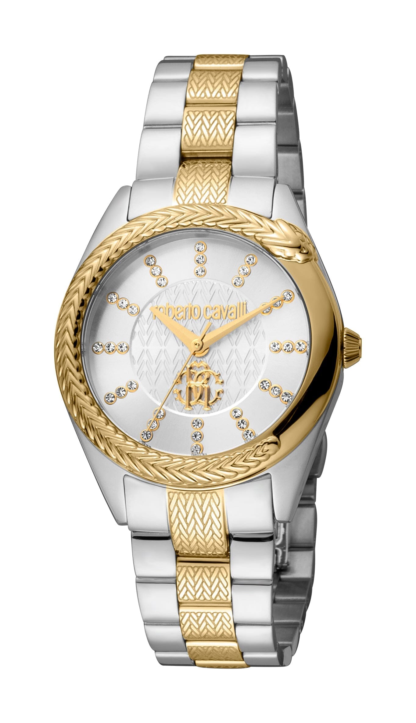 Women's Roberto Cavalli Snake Core Two Tone Silver & Gold Quartz Silver Dial Watch Roberto Cavalli 