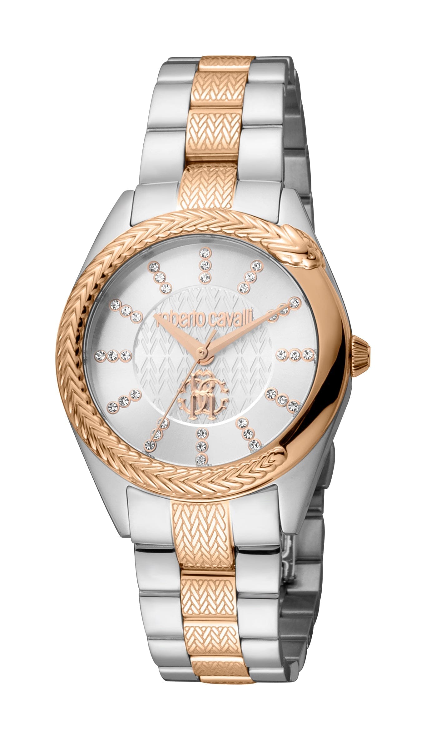 Women's Roberto Cavalli Snake Core Two Tone Silver & Rose Gold Quartz Silver Dial Watch Roberto Cavalli 