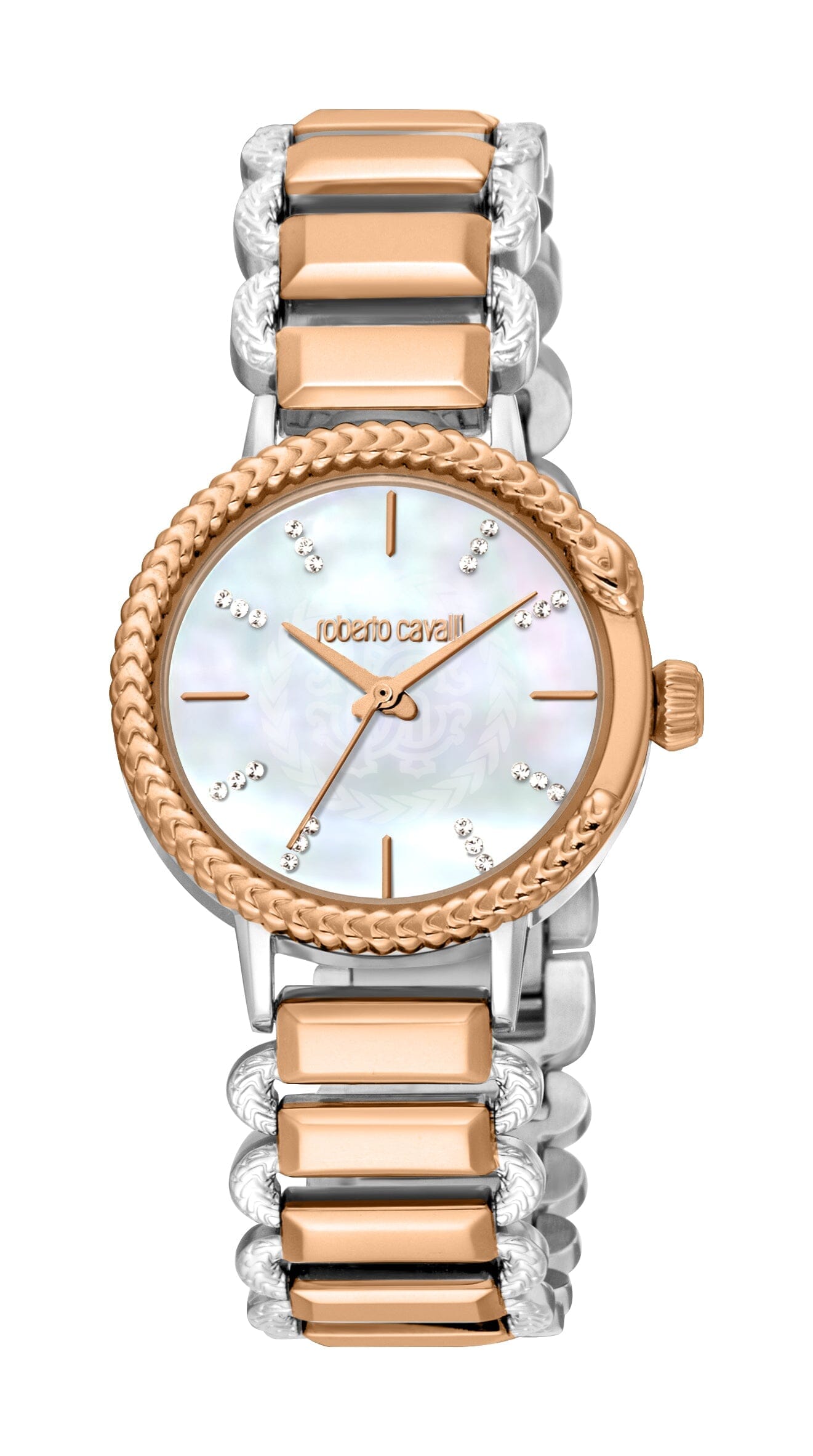 Women's Roberto Cavalli Snake Core White MOP Two Tone Silver & Rose Gold Quartz Watch Roberto Cavalli 