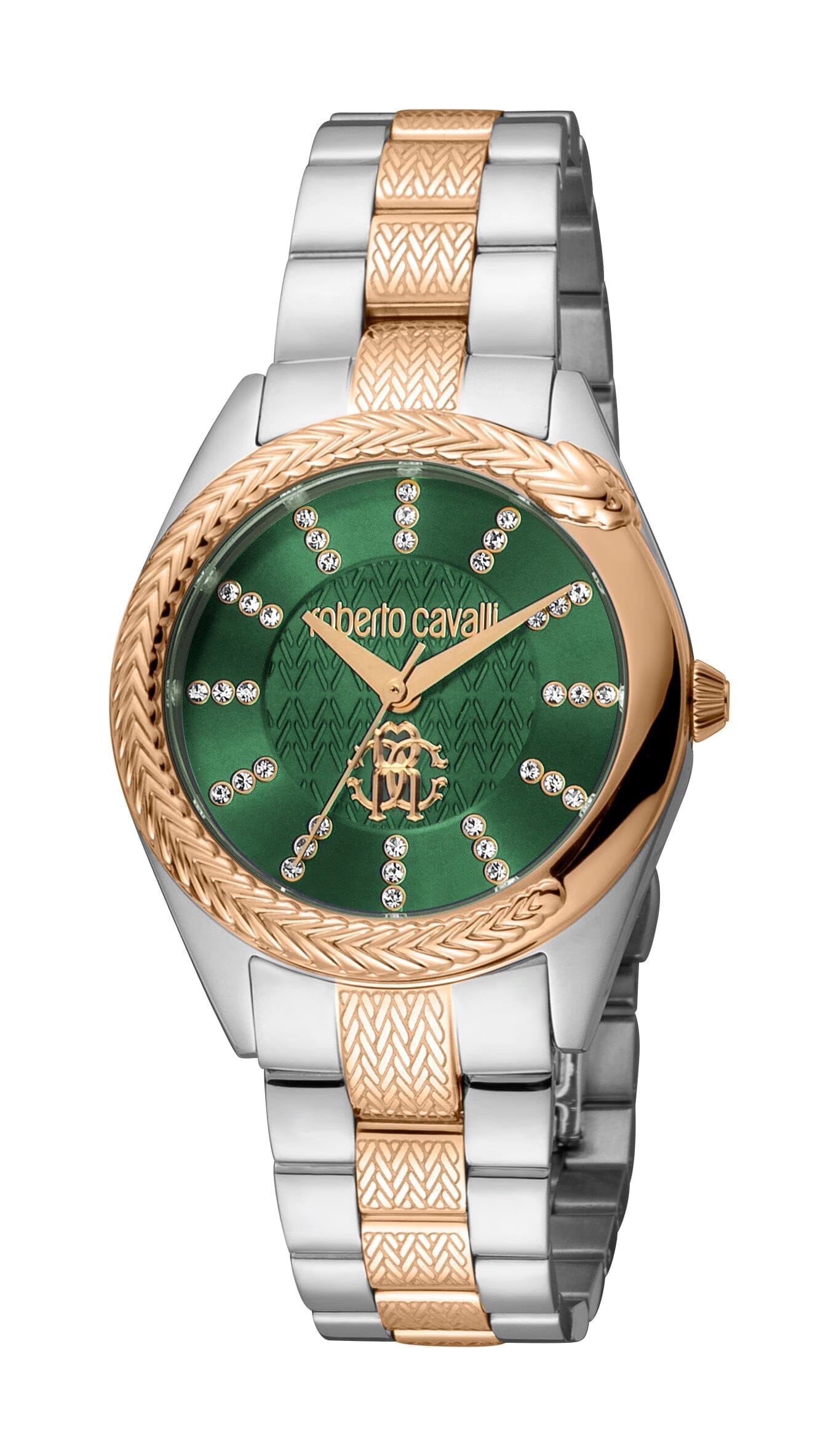 Women's Roberto Cavalli Two Tone Silver & Rose Gold Quartz Dark Green Dial Watch Roberto Cavalli 