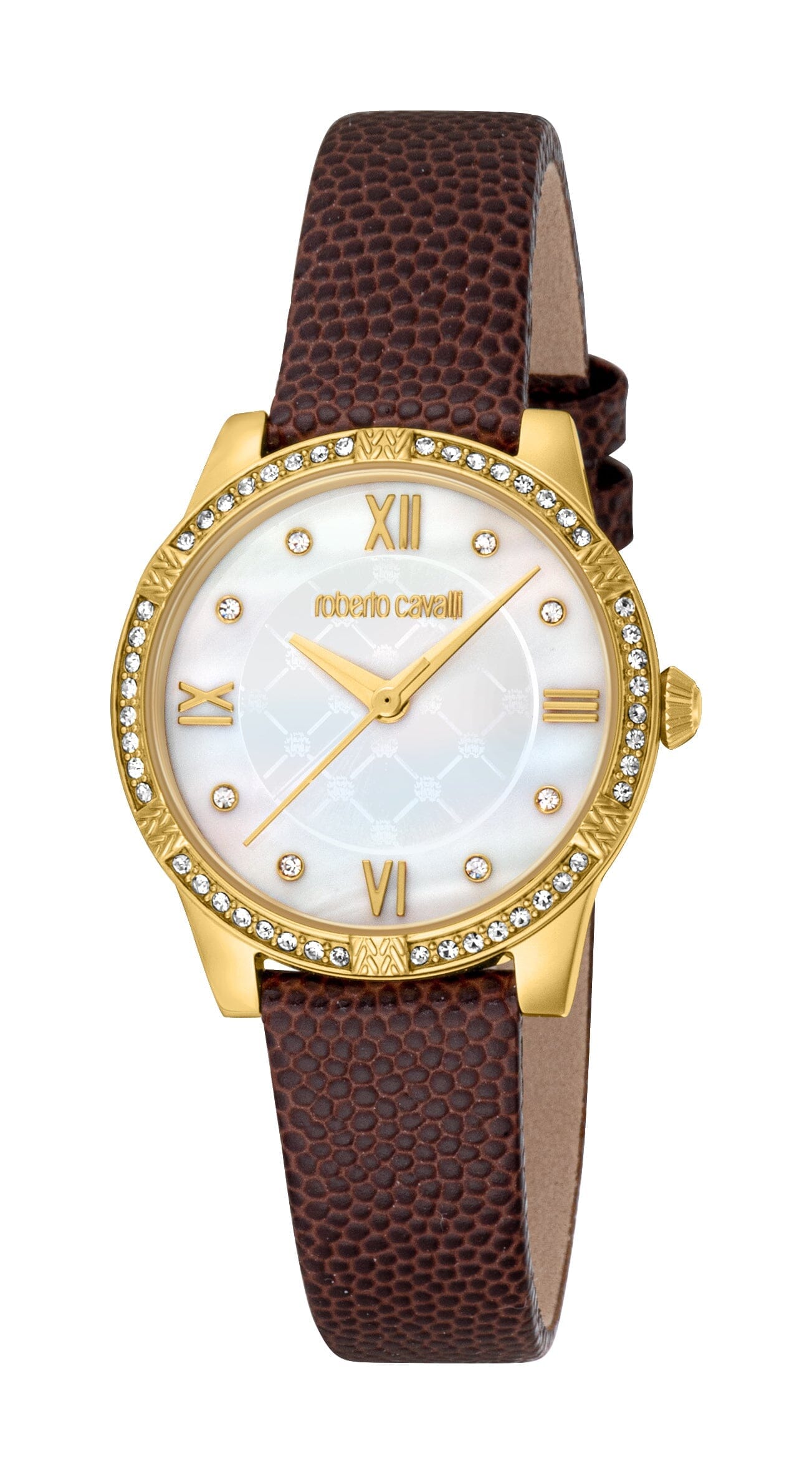 Women's Roberto Cavalli White MOP Gold Quartz Leather Strap Watch Roberto Cavalli 