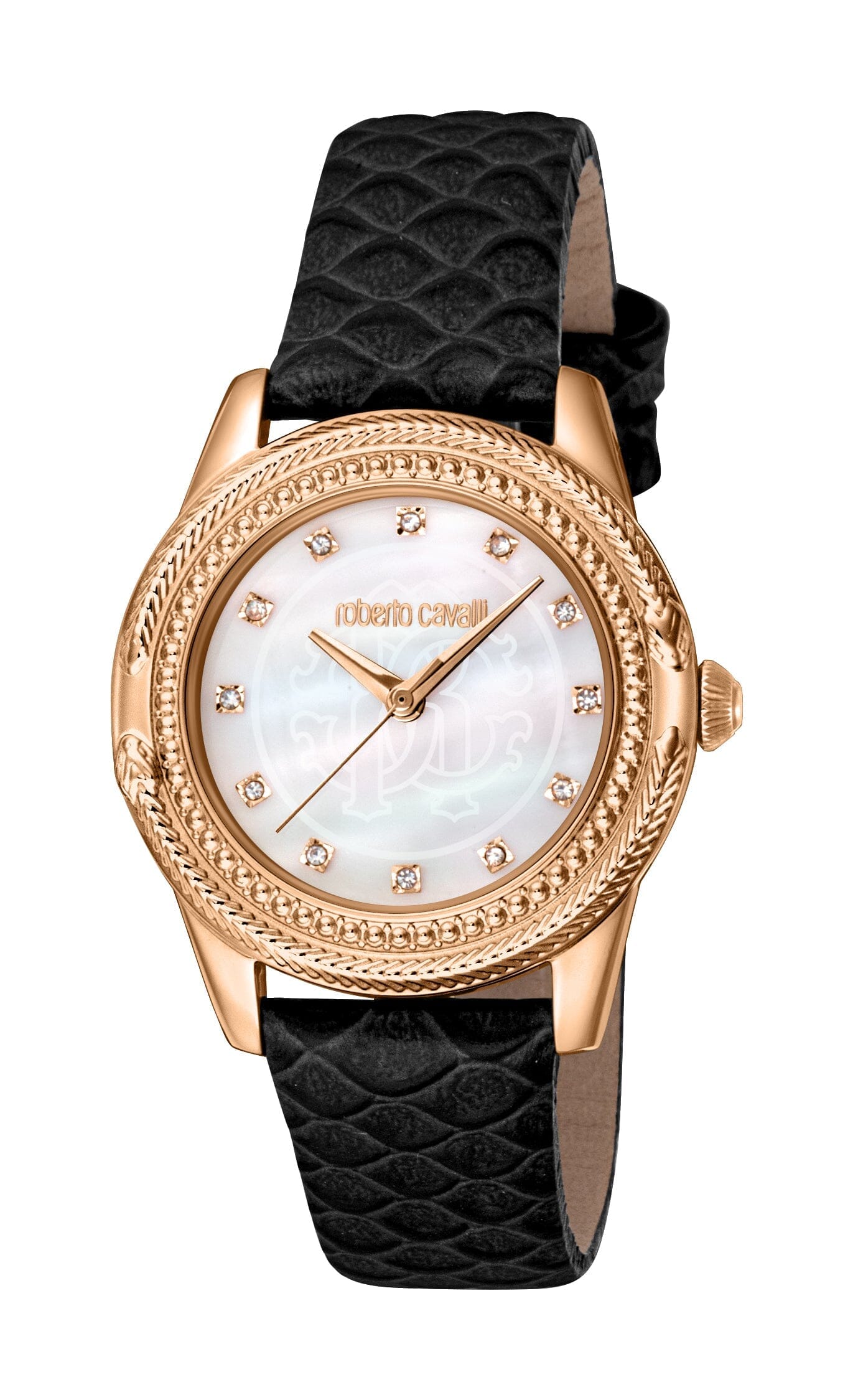 Women's Roberto Cavalli White MOP Rose Gold Quartz Leather Strap Watch Roberto Cavalli 